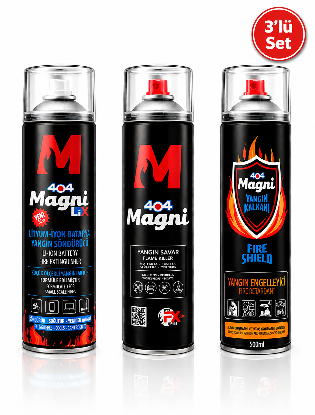 404 Magni 3’lü Yangın Güvenlik Seti | Li-X Lityum Batarya Yangın Söndürücü + Yangın Savar + Yangın Kalkanı Fire Shield 500 ml